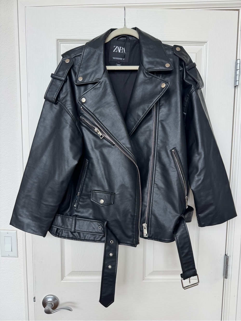 ZARA Black Faux Leather Biker Jacket with Belt